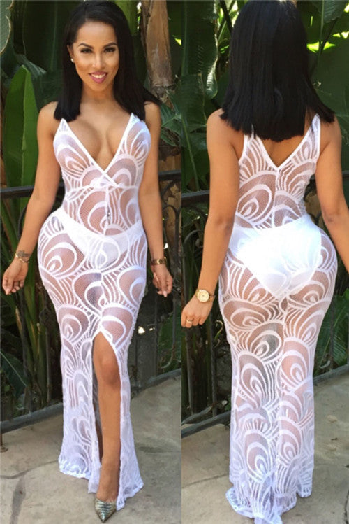 Black-white-sheer-lace-split-long-dress-spaghetti-straps-sexy-deep-V-allure-see-thru-nightclub Women