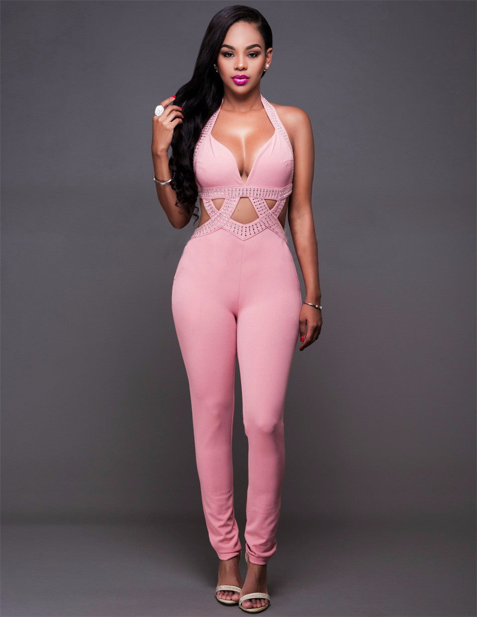 ShejoinSheenjoy 2016 Women New Fashion Long Jumpsuits Sleeveless  Rhinestone Sexy Skinny Bodycon