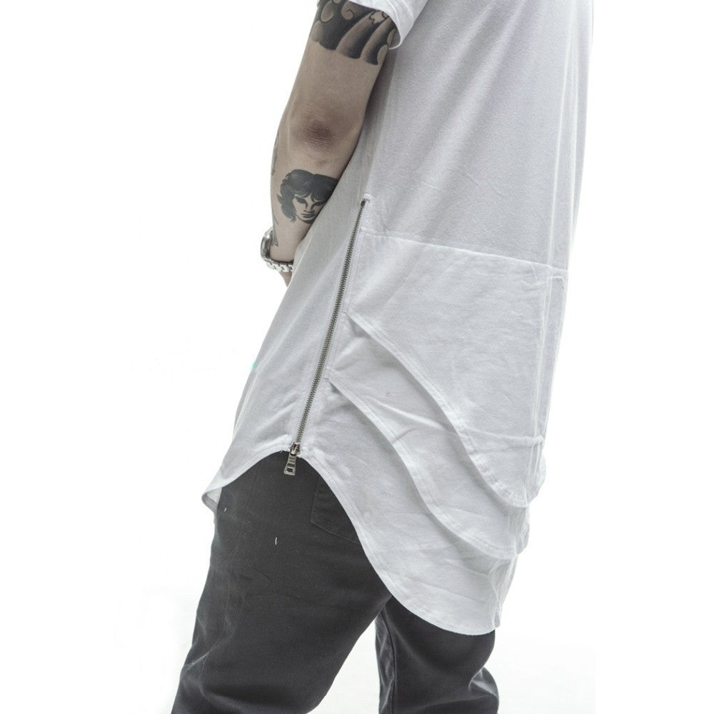 Justin-Bieber-Extended-T-shirt-Mens-Fishtail-Multi-Fold-Curved-Hem-Side-Zipper-Short-Sleeve-Longline