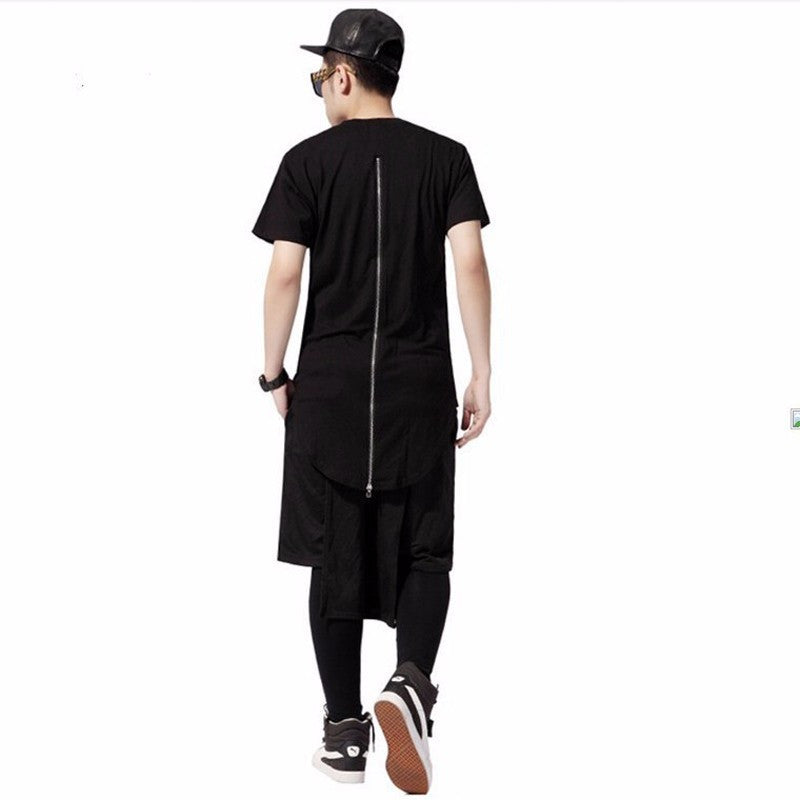 Men-long-T-shirt-back-zipper-Black-White-Hip-Hop-Longline-T-Shirts-Extended-Tee-Shirt Male