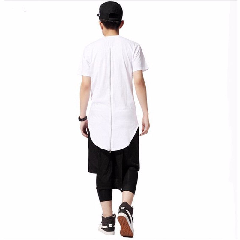 Men-long-T-shirt-back-zipper-Black-White-Hip-Hop-Longline-T-Shirts-Extended-Tee-Shirt Male