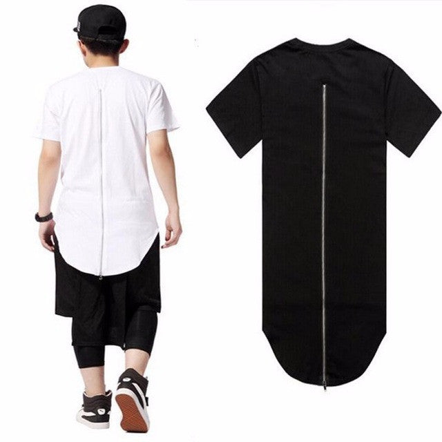 Men-long-T-shirt-back-zipper-Black-White-Hip-Hop-Longline-T-Shirts-Extended-Tee-Shirt Male